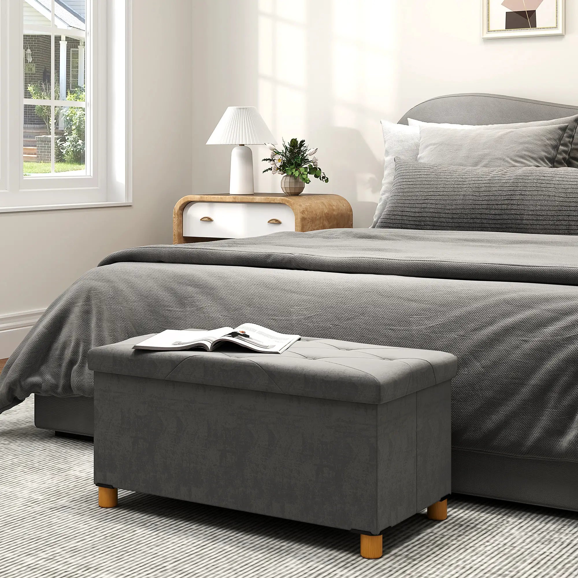 Storage Ottoman Bench, Velvet Upholstered Foldable Footrest, Wood Legs Storage Ottomans & Benches at Gallery Canada