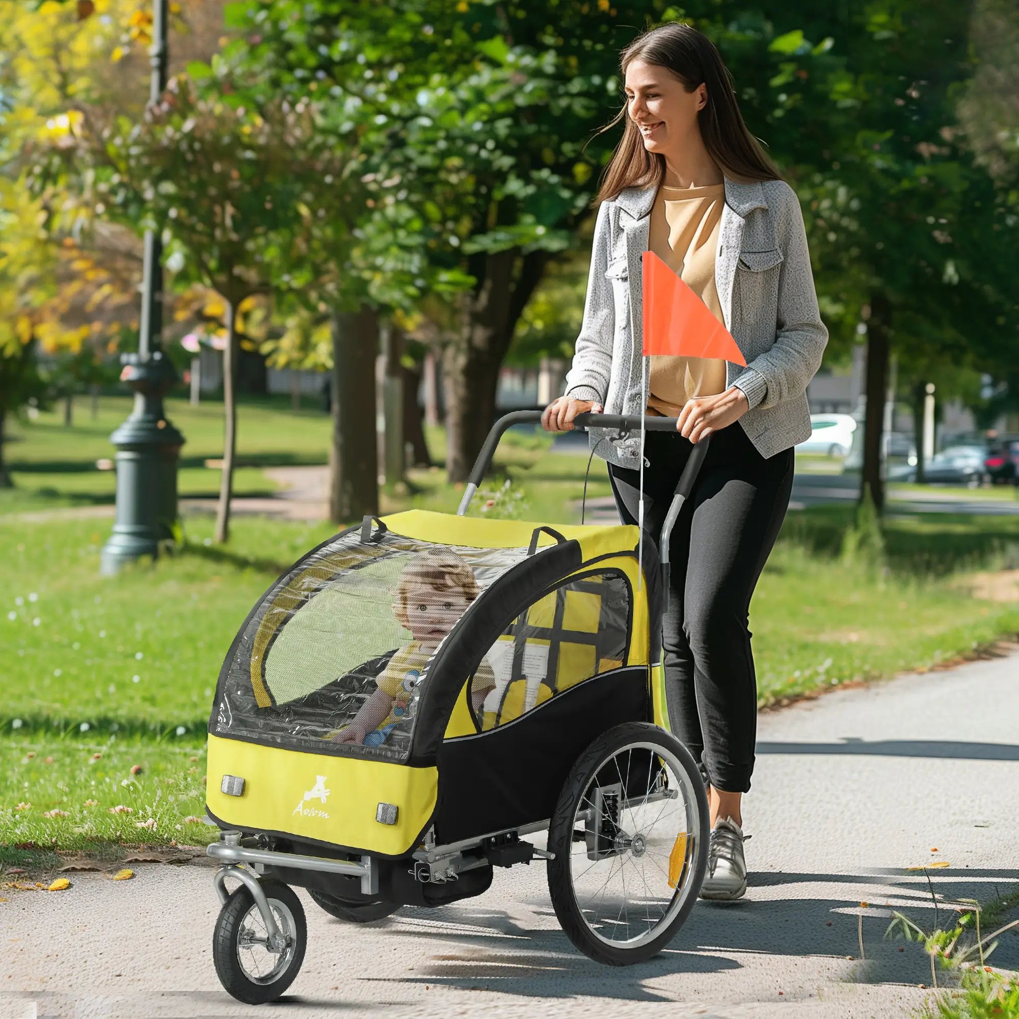 2-in-1 Bike Trailer, Foldable 2-Seat Stroller, 5-Point Harness, Yellow Kids Bike Trailers at Gallery Canada