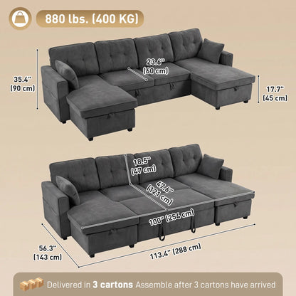 U Shaped Sectional Sofa Bed, 113" Pull Out Sleeper, Dark Grey 3-Seater Sofas at Gallery Canada
