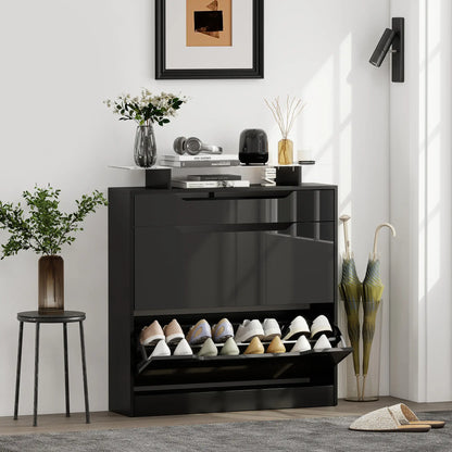 High Gloss Shoe Cabinet, 2 Flip Drawers, Adjustable Shelves, Black, Black Storage Cabinets at Gallery Canada
