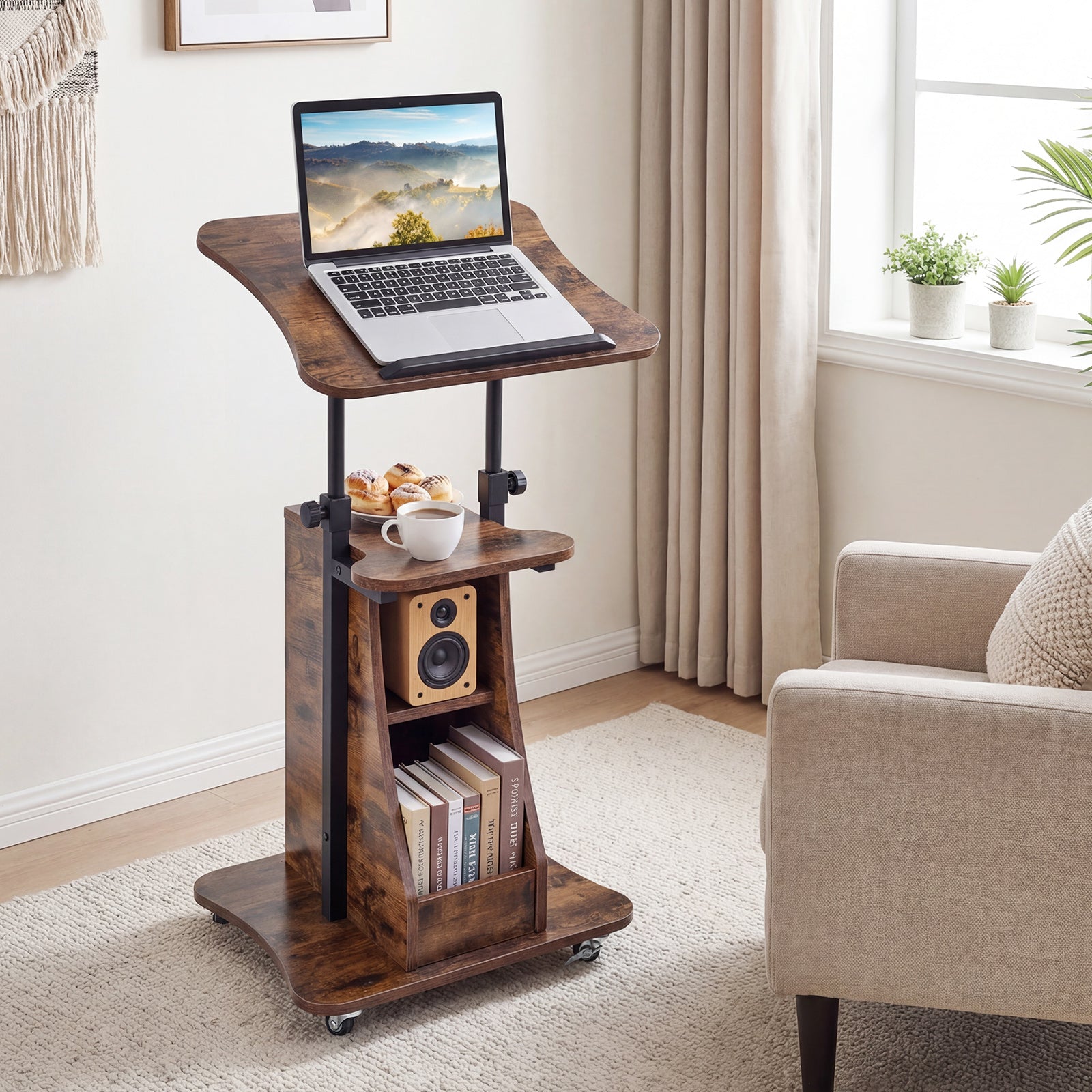 Mobile Podium Stand, Adjustable Height, Tilting Tabletop, Storage, Brown Laptop Tables & Printer Stands at Gallery Canada