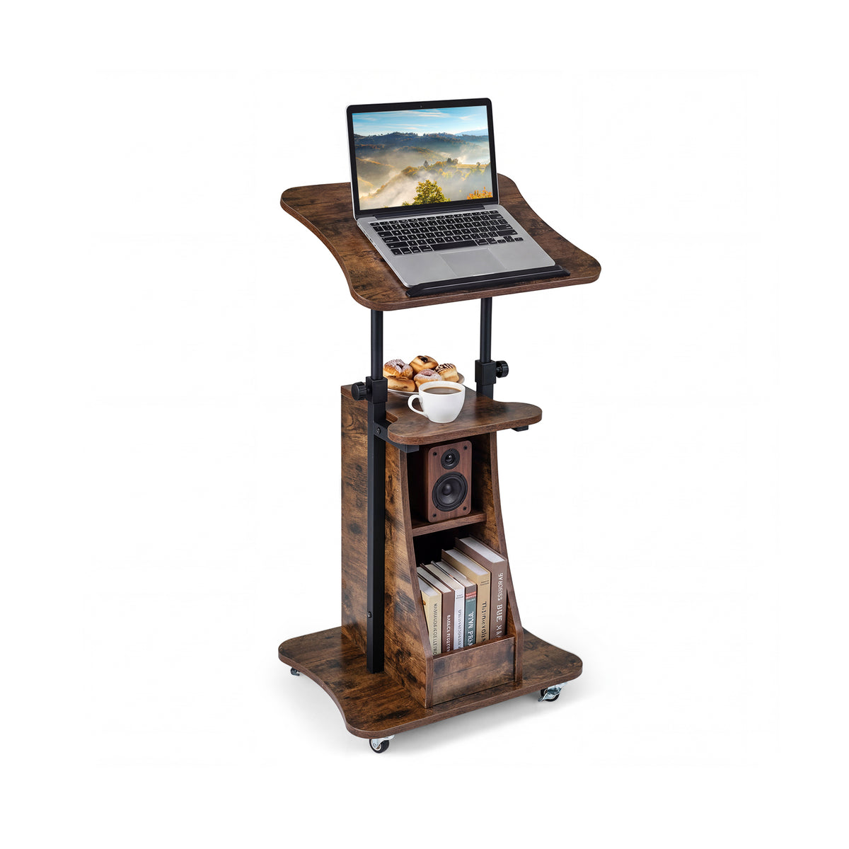 Mobile Podium Stand, Adjustable Height, Tilting Tabletop, Storage, Brown Laptop Tables & Printer Stands Rustic Brown at Gallery Canada