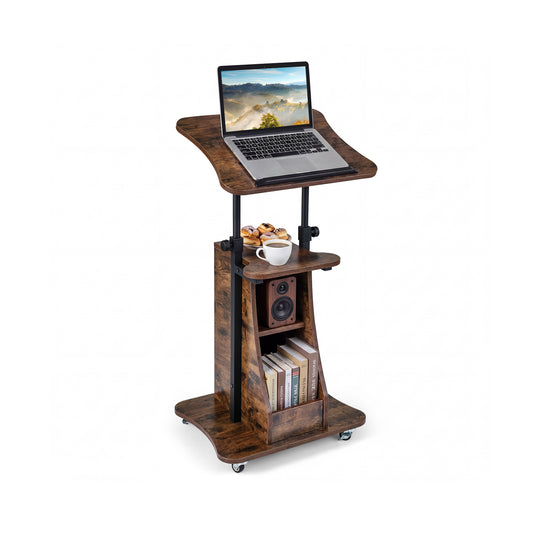 Mobile Podium Stand, Adjustable Height, Tilting Tabletop, Storage, Brown Laptop Tables & Printer Stands Rustic Brown at Gallery Canada