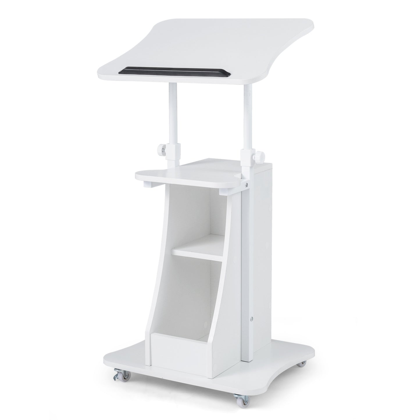 Height Adjustable Mobile Podium Stand, Tilting Tabletop, Storage Compartments, White Laptop Tables & Printer Stands White at Gallery Canada