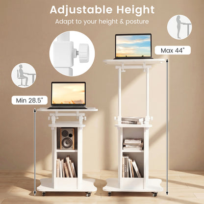 Height Adjustable Mobile Podium Stand, Tilting Tabletop, Storage Compartments, White Laptop Tables & Printer Stands at Gallery Canada