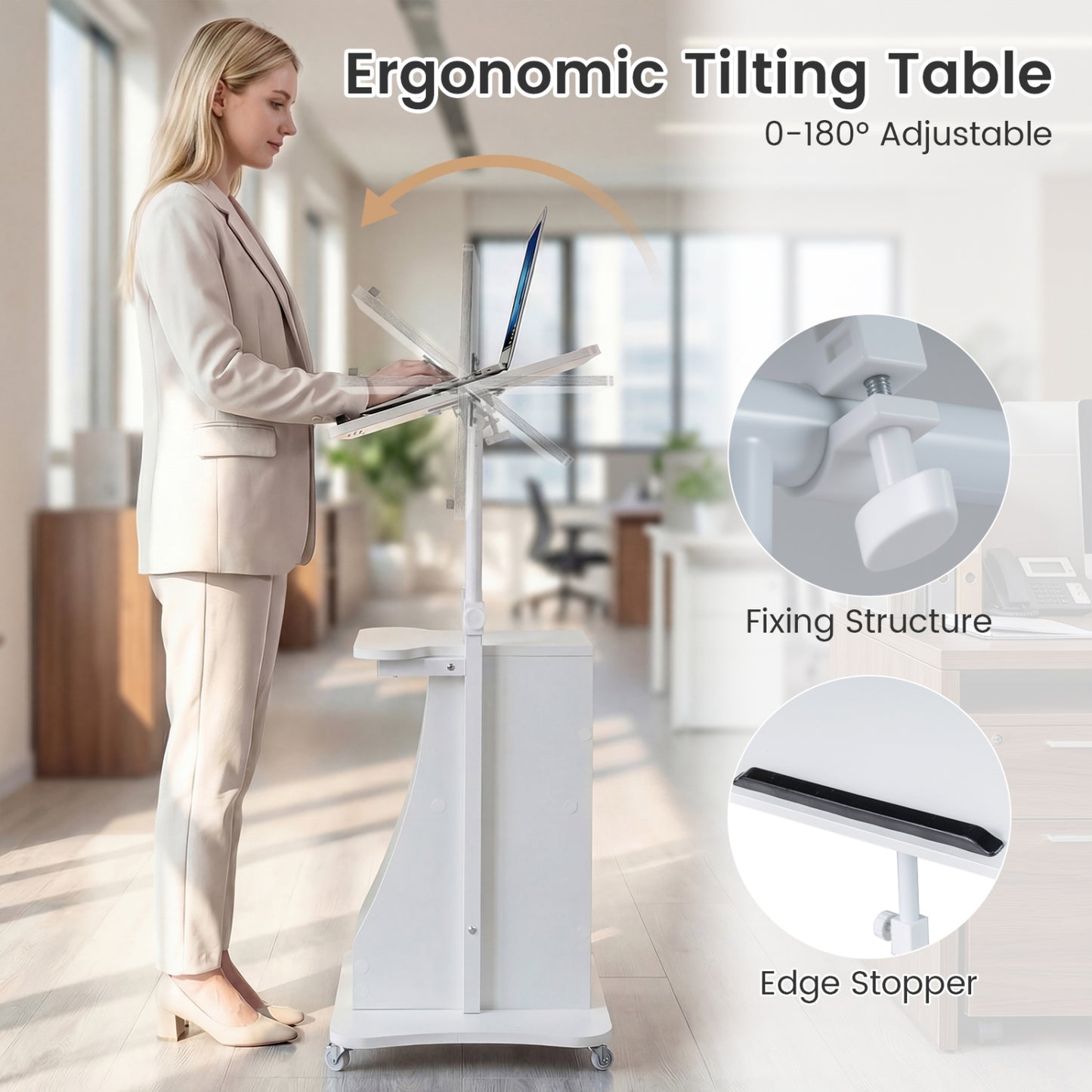 Height Adjustable Mobile Podium Stand, Tilting Tabletop, Storage Compartments, White Laptop Tables & Printer Stands at Gallery Canada