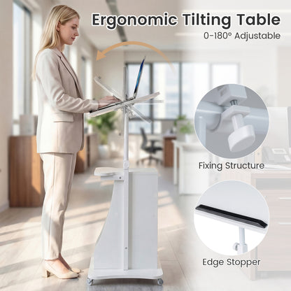 Height Adjustable Mobile Podium Stand, Tilting Tabletop, Storage Compartments, White Laptop Tables & Printer Stands at Gallery Canada