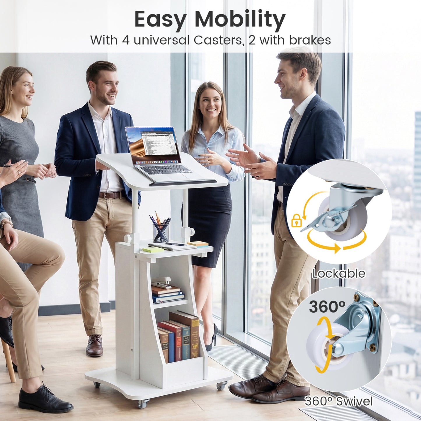 Height Adjustable Mobile Podium Stand, Tilting Tabletop, Storage Compartments, White Laptop Tables & Printer Stands at Gallery Canada