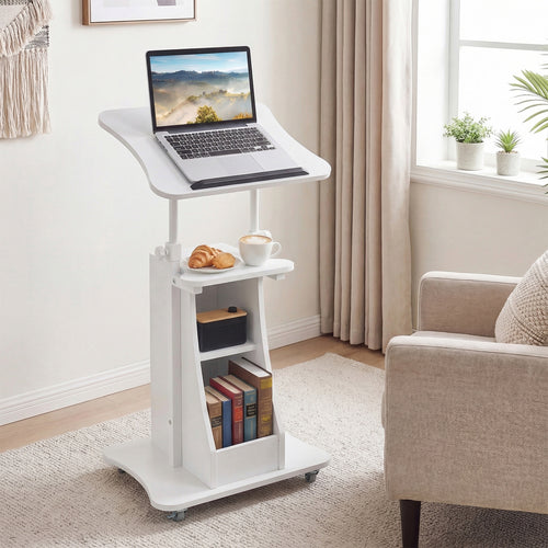 Height Adjustable Mobile Podium Stand, Tilting Tabletop, Storage Compartments, White