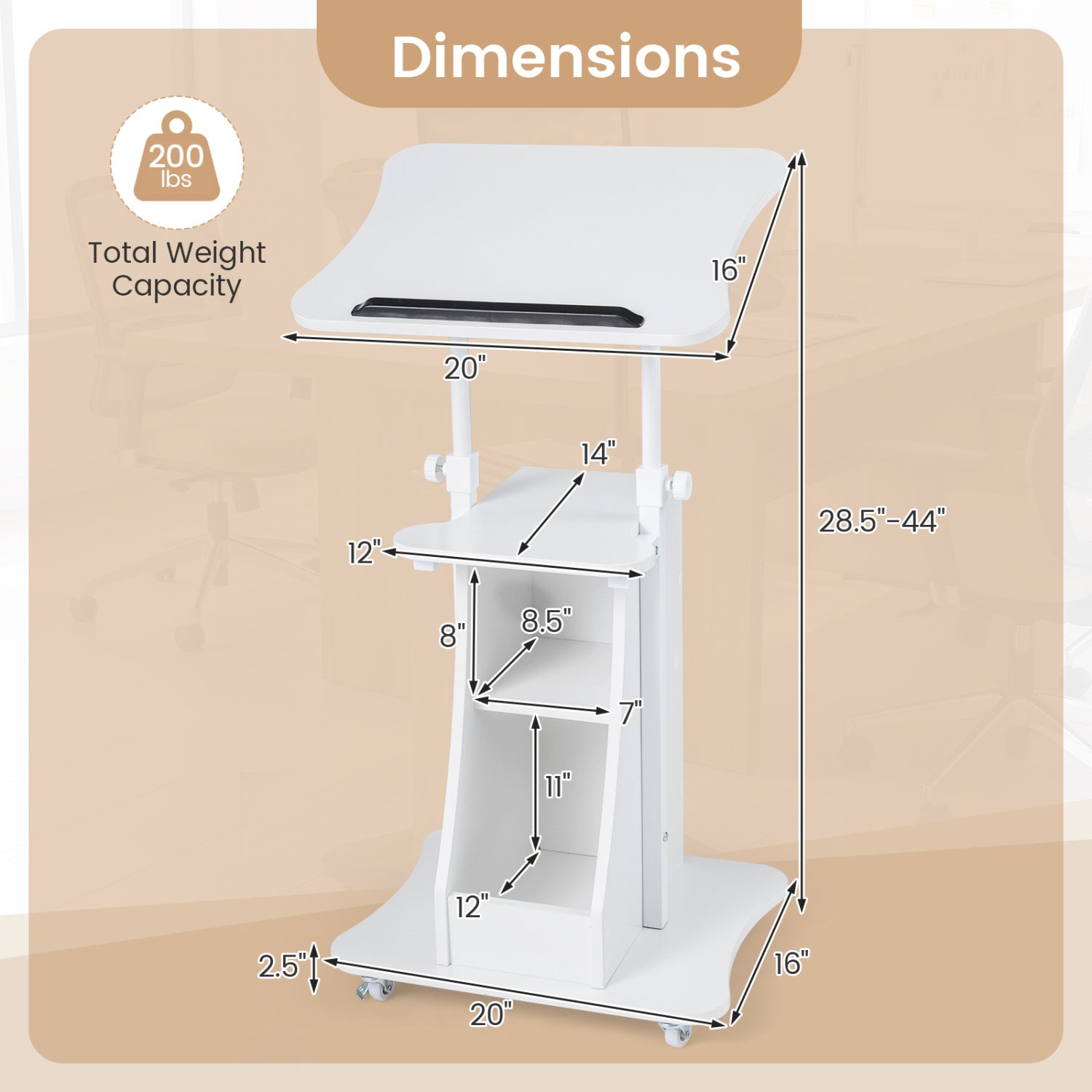 Height Adjustable Mobile Podium Stand, Tilting Tabletop, Storage Compartments, White Laptop Tables & Printer Stands at Gallery Canada