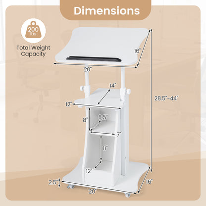 Height Adjustable Mobile Podium Stand, Tilting Tabletop, Storage Compartments, White Laptop Tables & Printer Stands at Gallery Canada