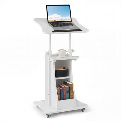 Height Adjustable Mobile Podium Stand, Tilting Tabletop, Storage Compartments, White Laptop Tables & Printer Stands at Gallery Canada