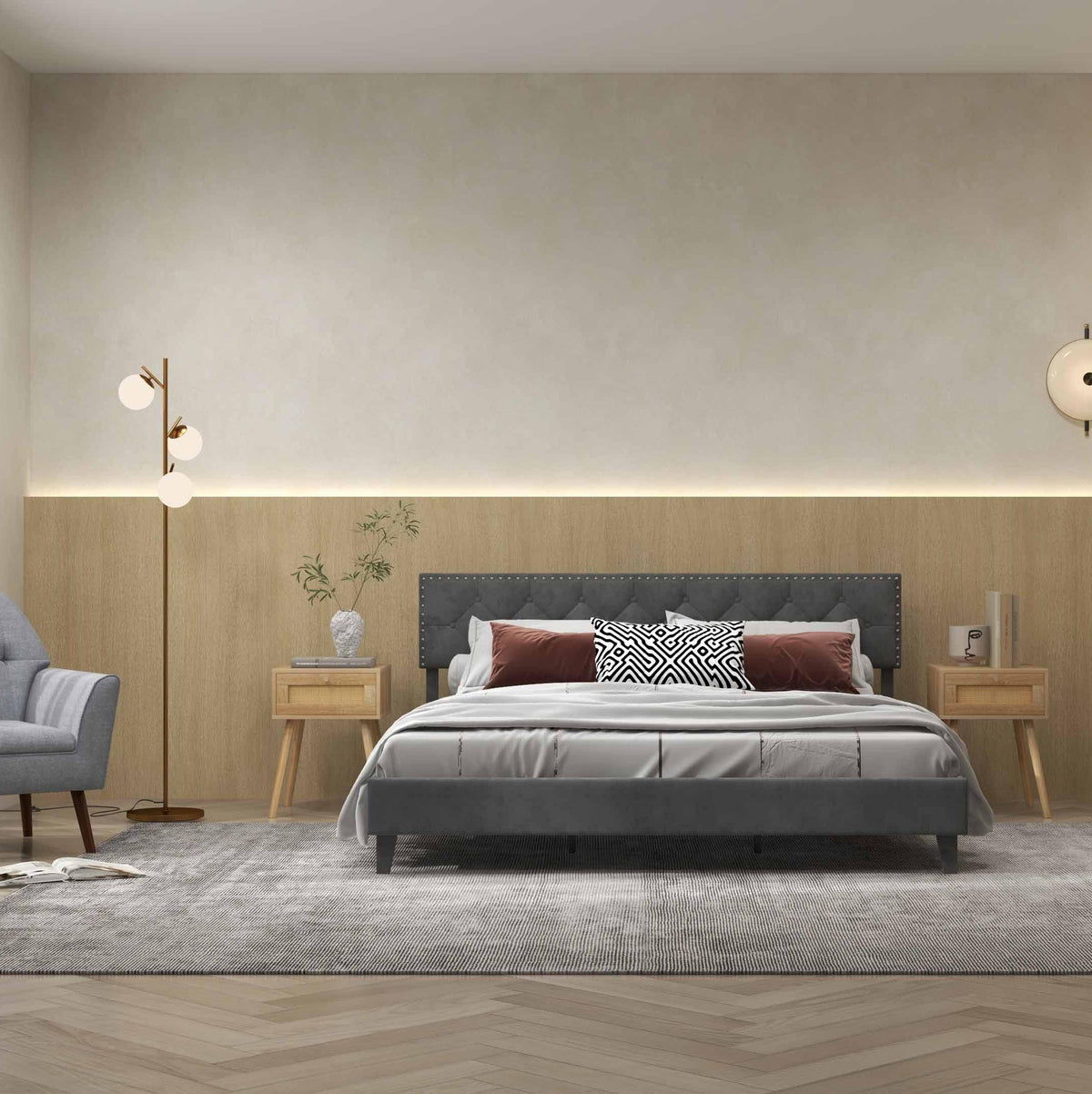 3-Piece Bedroom Set, Queen Bed, 2 Rattan Nightstands, 3-Globe Floor Lamp Bedroom at Gallery Canada