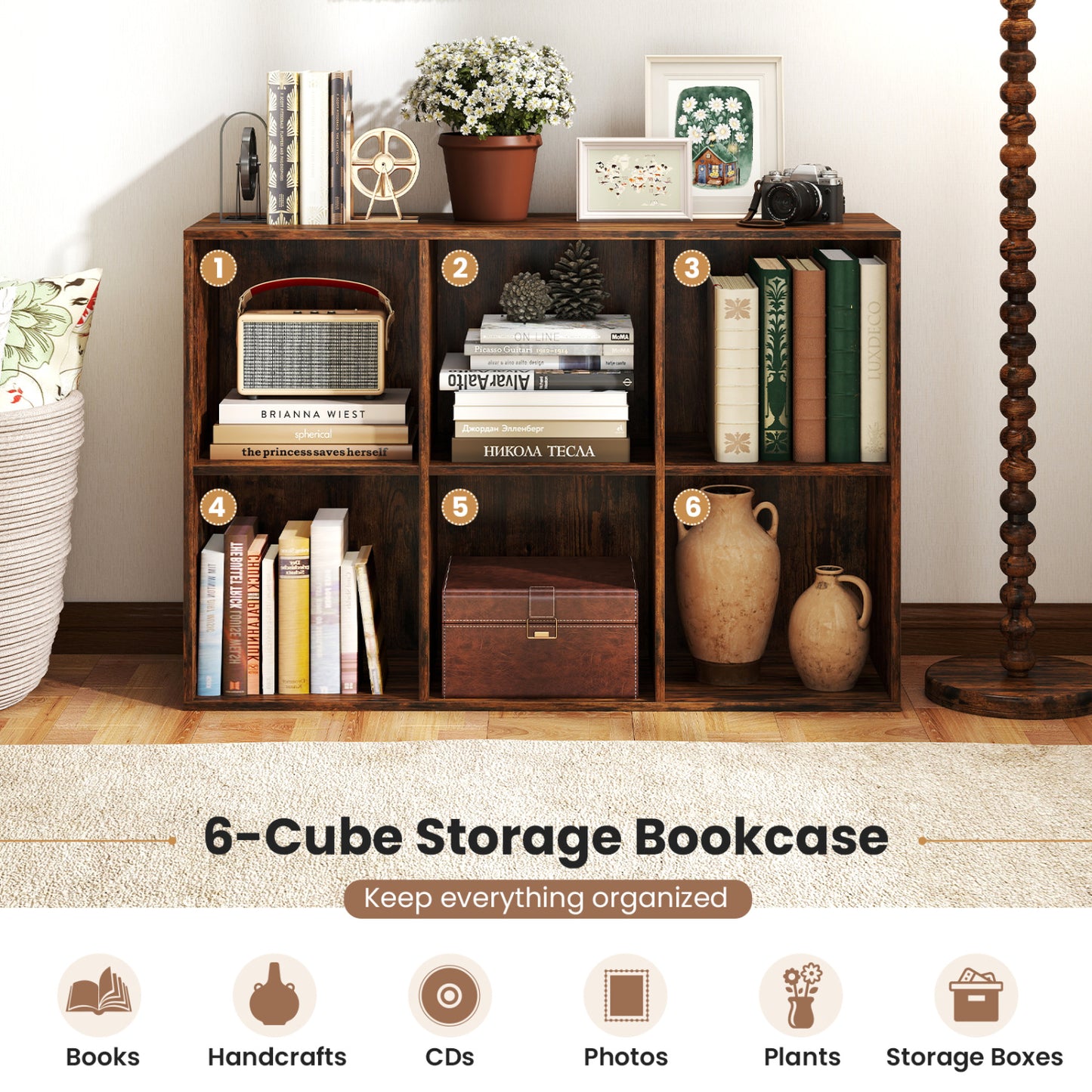 Modern 6-Cube Bookcase with Anti-tipping Kits for Bedroom Living Room, Rustic Brown Bookcases at Gallery Canada