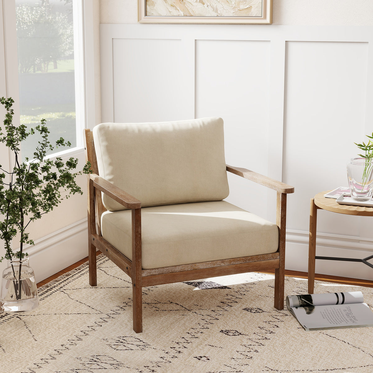 Modern Accent Chair, Solid Rubber Wood Armrests, Beige Accent Chairs at Gallery Canada