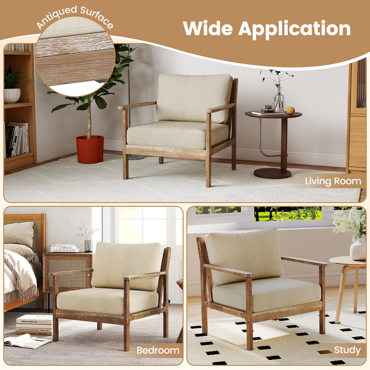 Modern Accent Chair, Solid Rubber Wood Armrests, Beige Accent Chairs at Gallery Canada