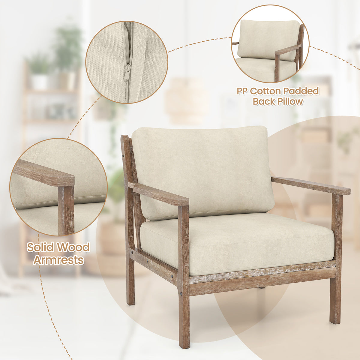 Modern Accent Chair, Solid Rubber Wood Armrests, Beige Accent Chairs at Gallery Canada