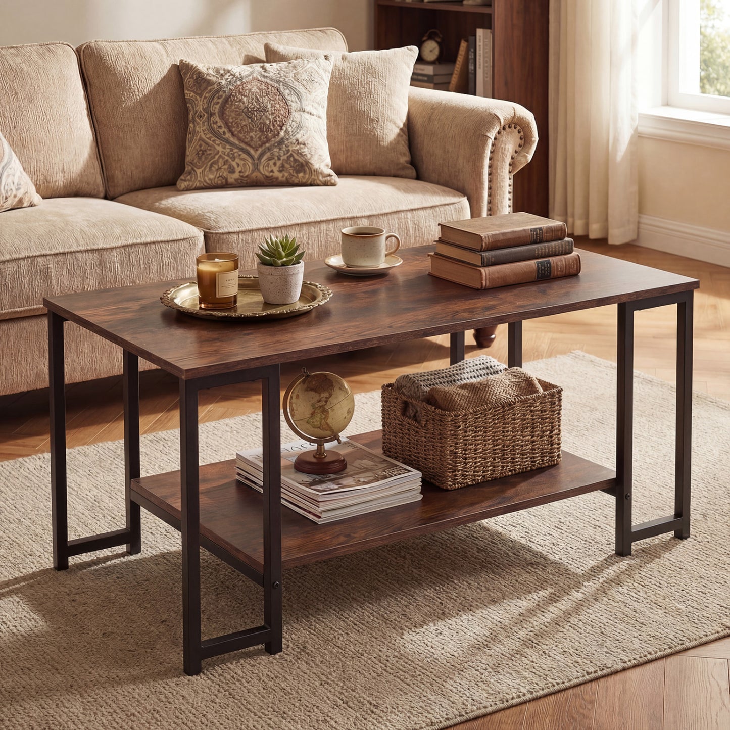 Modern Accent Table with Open Storage Shelf for Apartment and Lounge, Rustic Brown Coffee Tables at Gallery Canada