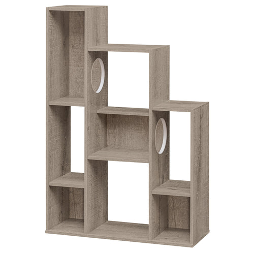 Modern Cat Bookshelf Tree, 8-Section Storage Cabinet, Oak, Gray