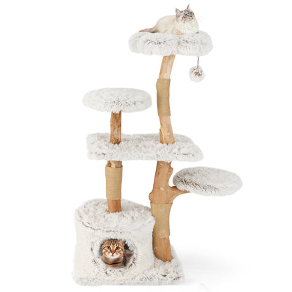 Modern Cat Tree 53 Inch Tall Natural Branch Wooden Cat Tower with Jute Scratching Posts, White Cat Trees Condos & Scratchers at Gallery Canada