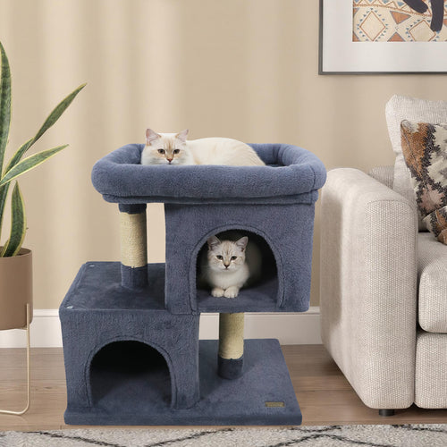 Modern Cat Tree Space-saving Cat Tower with Upholstered Perch and 2 Cat Condos-Dark Grey, Dark Gray