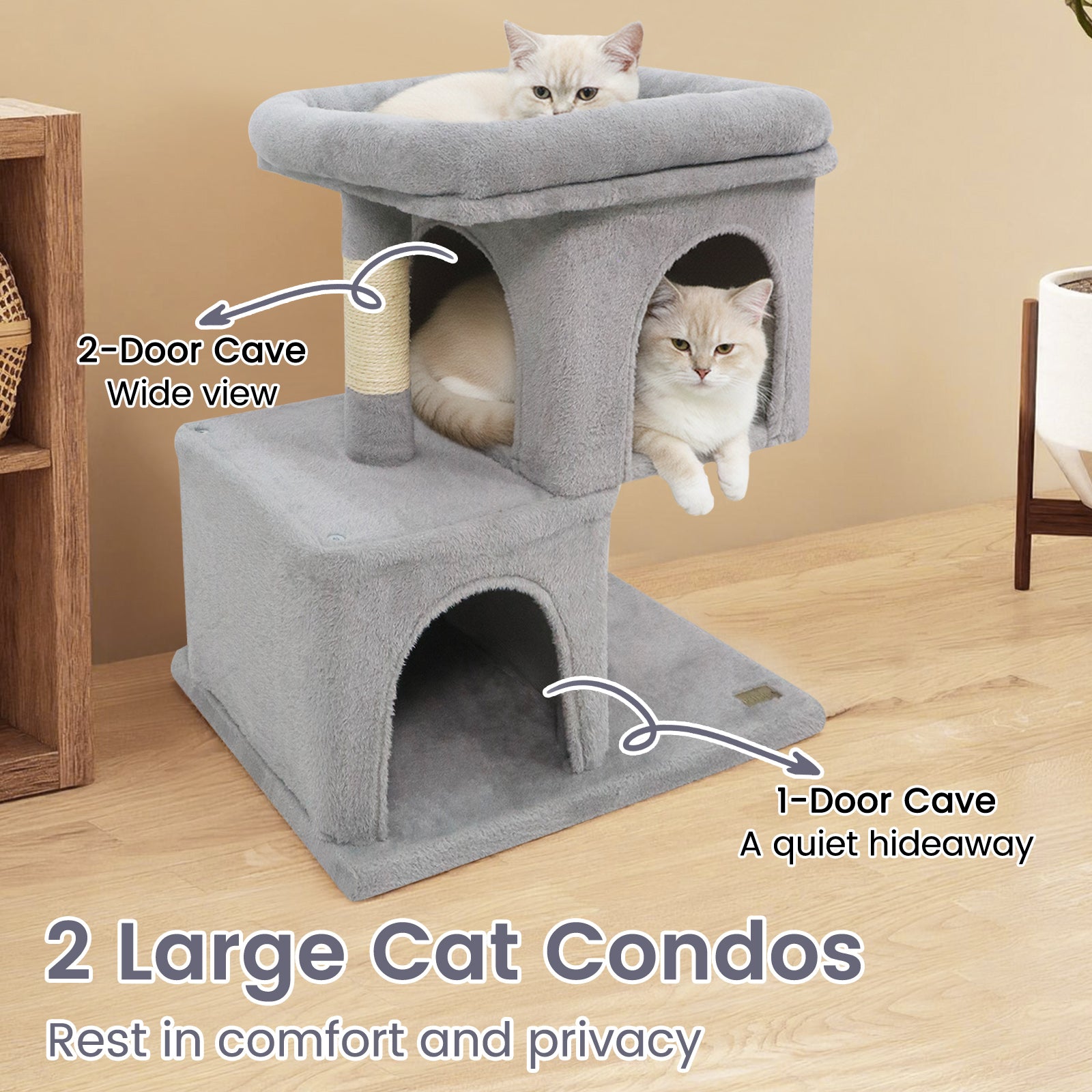 Modern Cat Tree Space-saving Cat Tower with Upholstered Perch and 2 Cat Condos, Gray Cat Trees Condos & Scratchers at Gallery Canada
