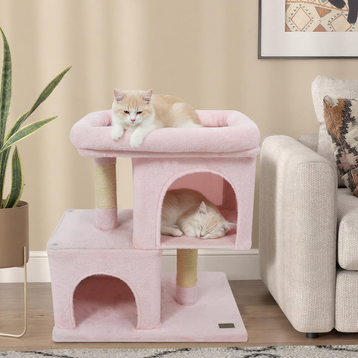 Modern Cat Tree Space-saving Cat Tower with Upholstered Perch and 2 Cat Condos, Pink Cat Trees Condos & Scratchers at Gallery Canada
