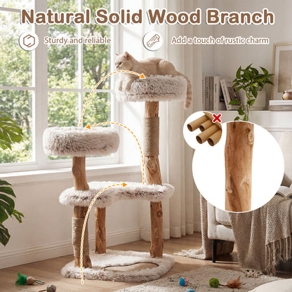 Modern Cat Tree Tower 40" with Luxury Real Wood Natural Branch, Natural & White Cat Trees Condos & Scratchers at Gallery Canada
