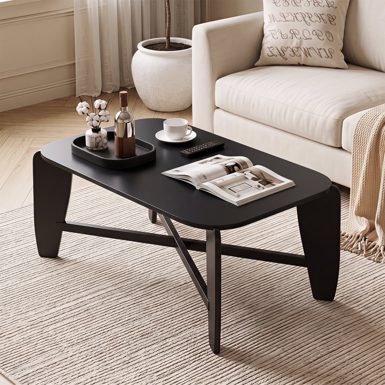 Modern Coffee Table, Rubber Wood Cross-Leg, Black Coffee Tables at Gallery Canada
