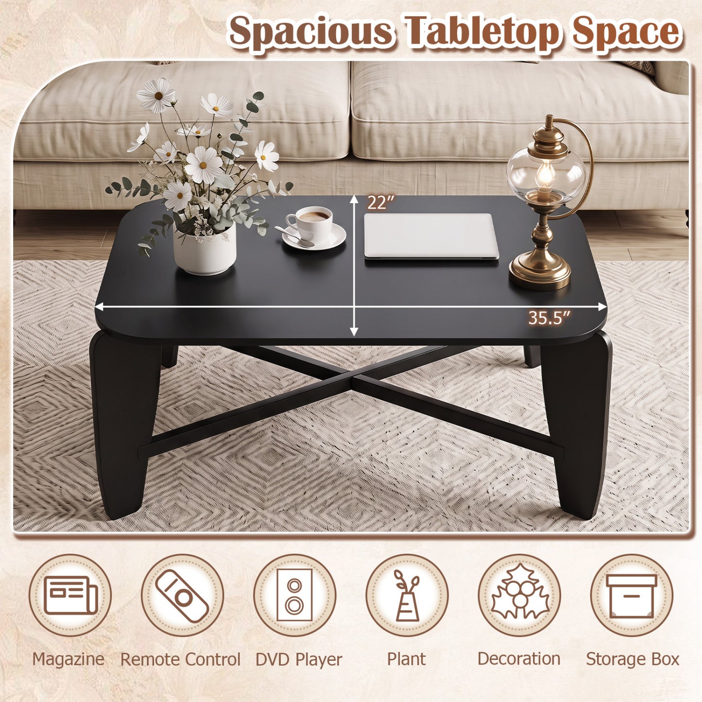 Modern Coffee Table, Rubber Wood Cross-Leg, Black Coffee Tables at Gallery Canada