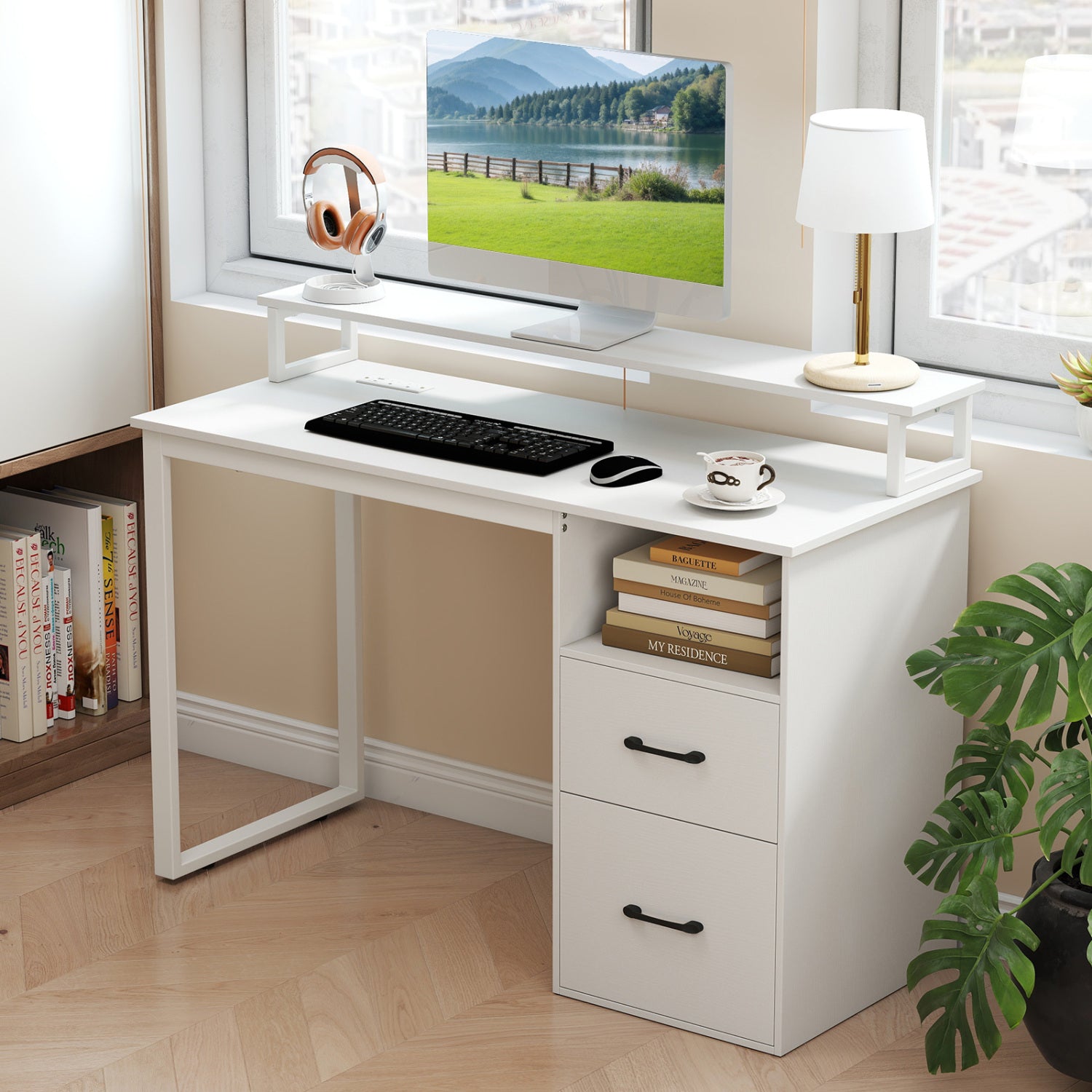 Modern Computer Desk With Power Outlets, File Drawer, White Computer Desks at Gallery Canada