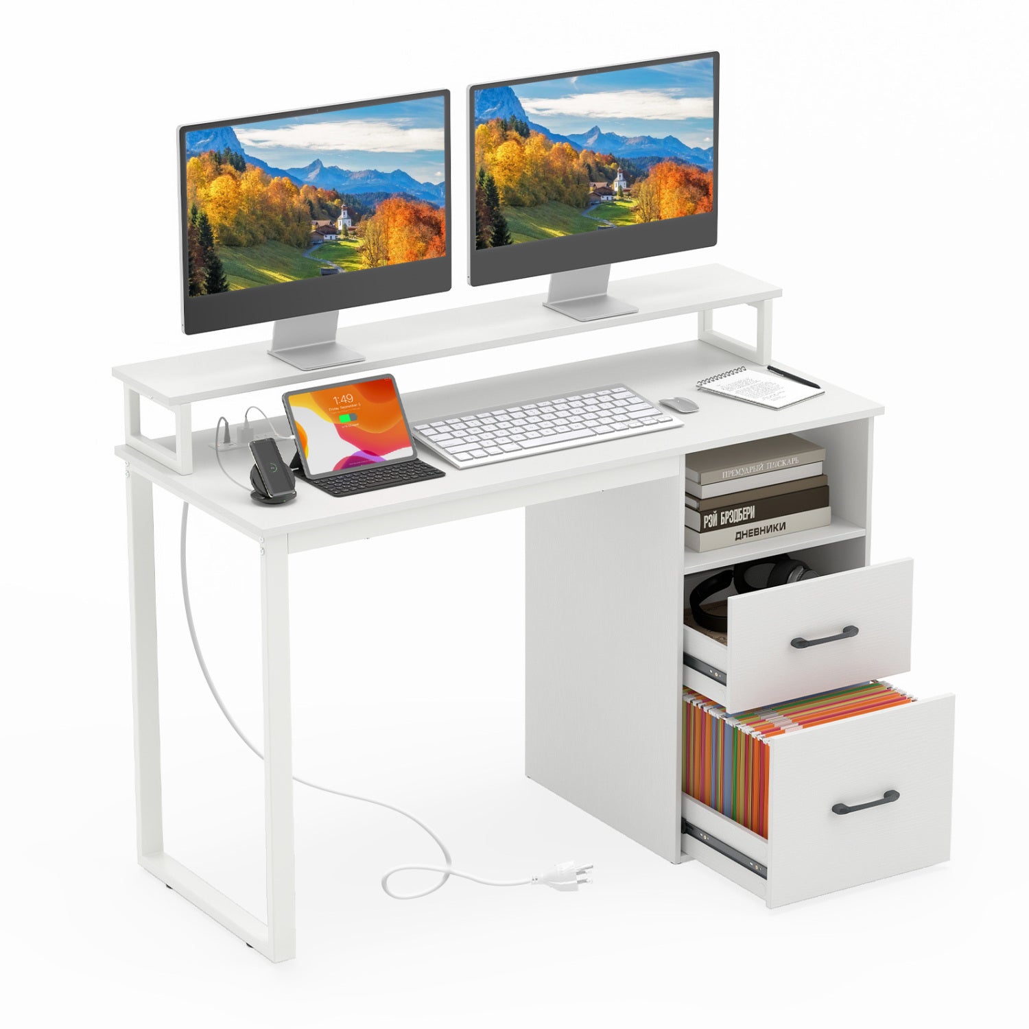 Modern Computer Desk With Power Outlets, File Drawer, White Computer Desks at Gallery Canada