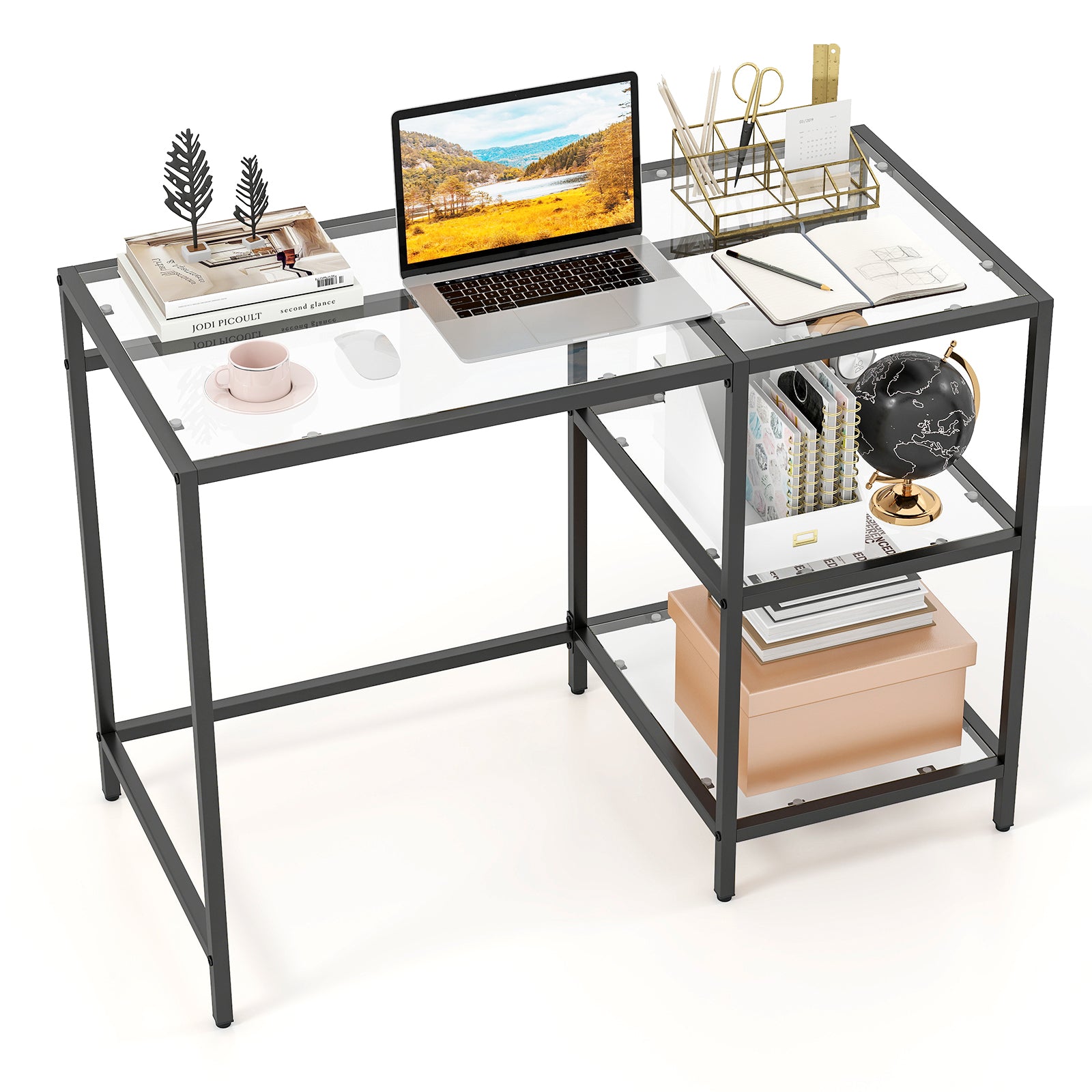 Modern Console Table, 2 Open Shelves, Metal Frame, Black Writing Desks at Gallery Canada