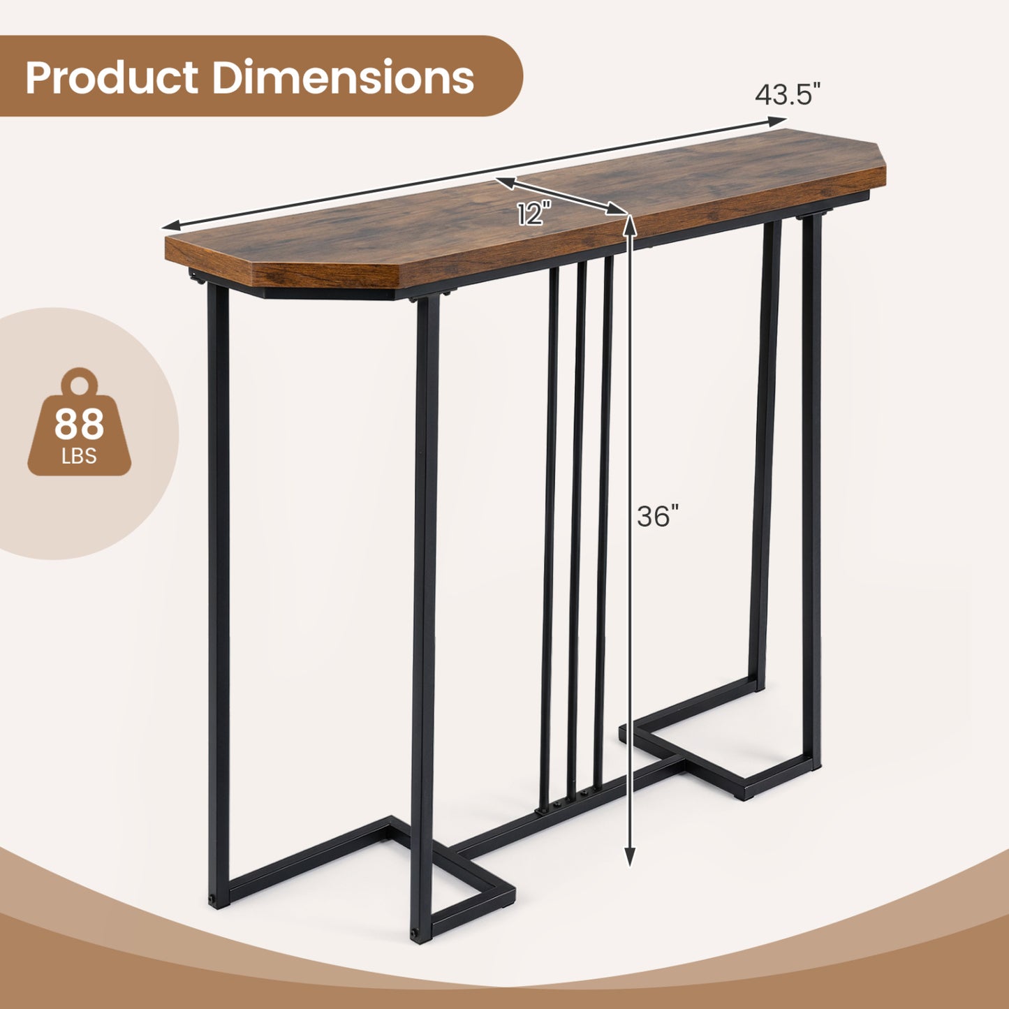 Modern Narrow Console Table, Metal Legs, Rustic Brown