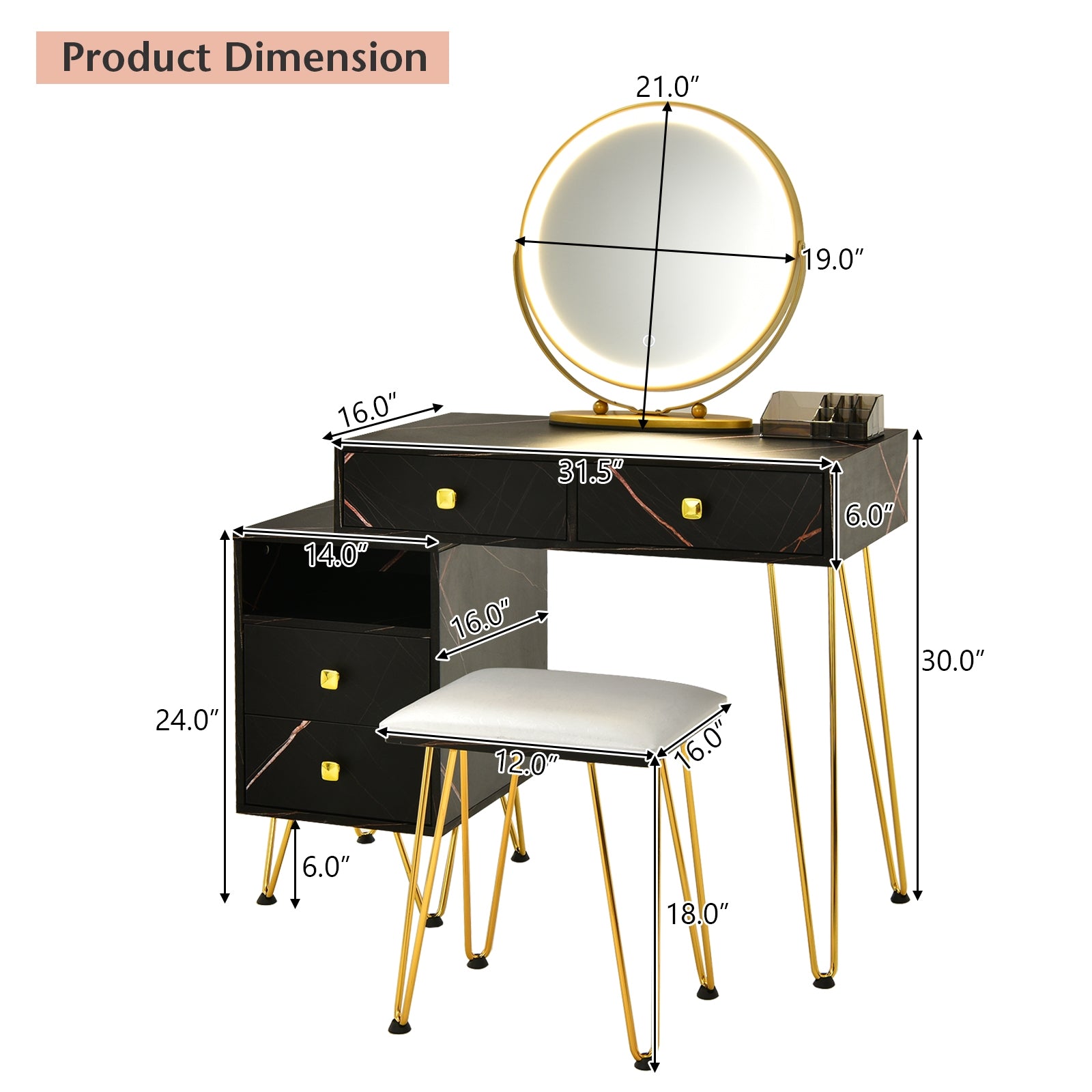 Modern Dressing Table With Storage Cabinet, Black Makeup Vanities at Gallery Canada