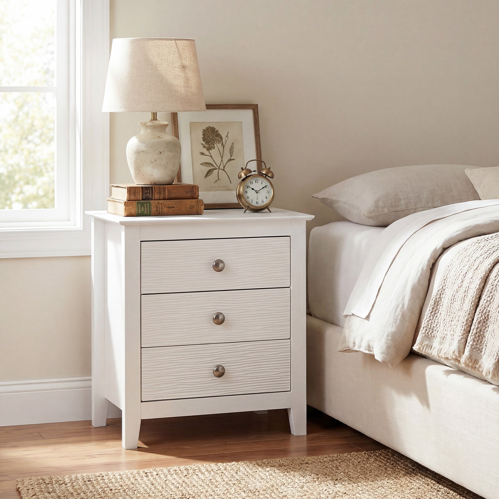 Modern Farmhouse 3-Drawer Nightstand, Wood Grain Accents, White Nightstands at Gallery Canada