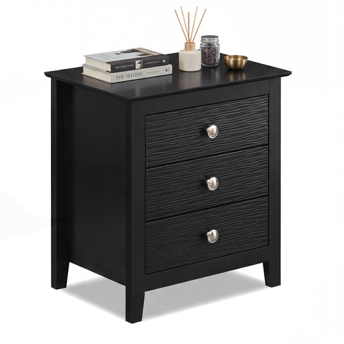Modern Farmhouse 3-Drawer Nightstand, Wood Grain Accents, Black