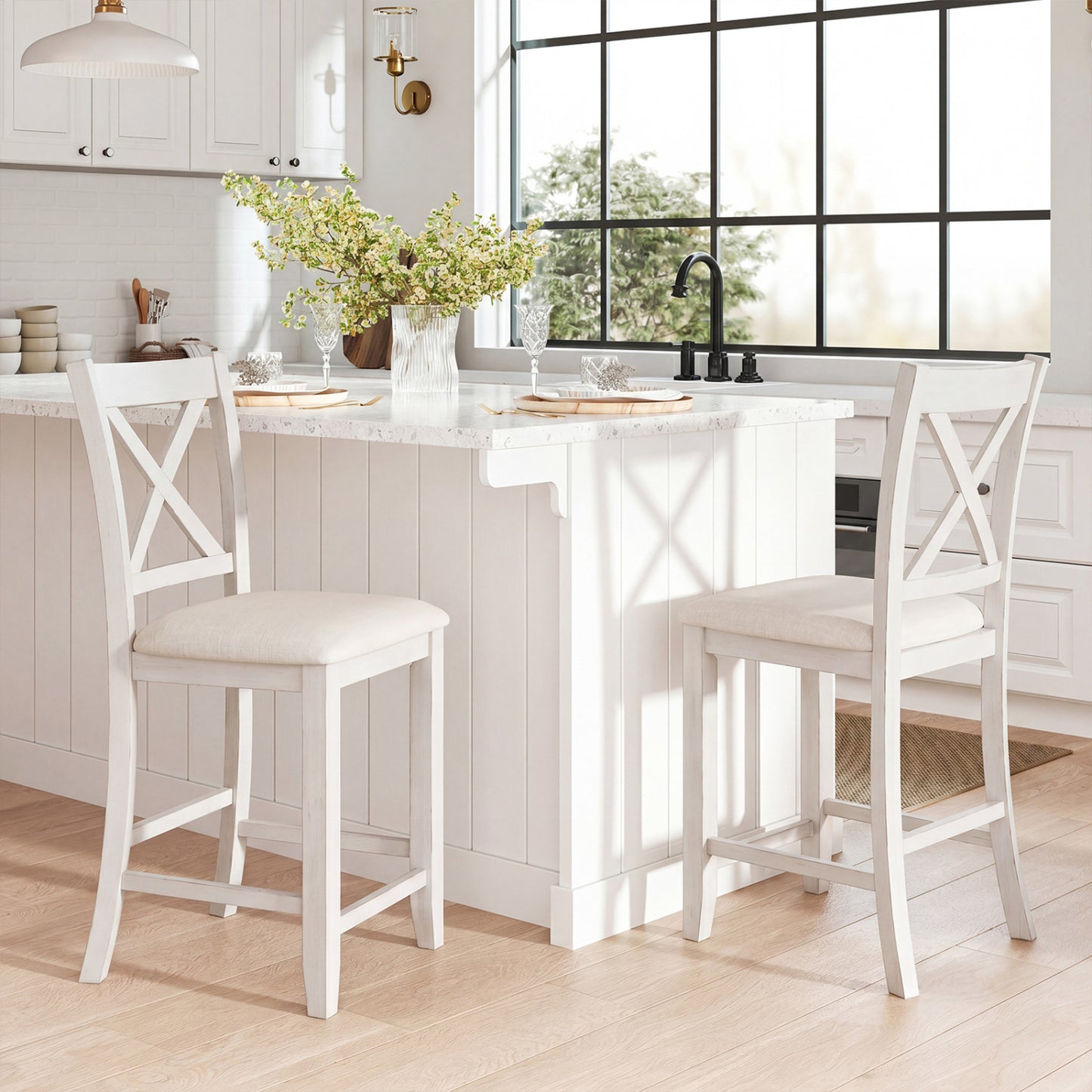 Modern Farmhouse Counter Height Stools with Footrest and Cushion, White Bar Stools at Gallery Canada