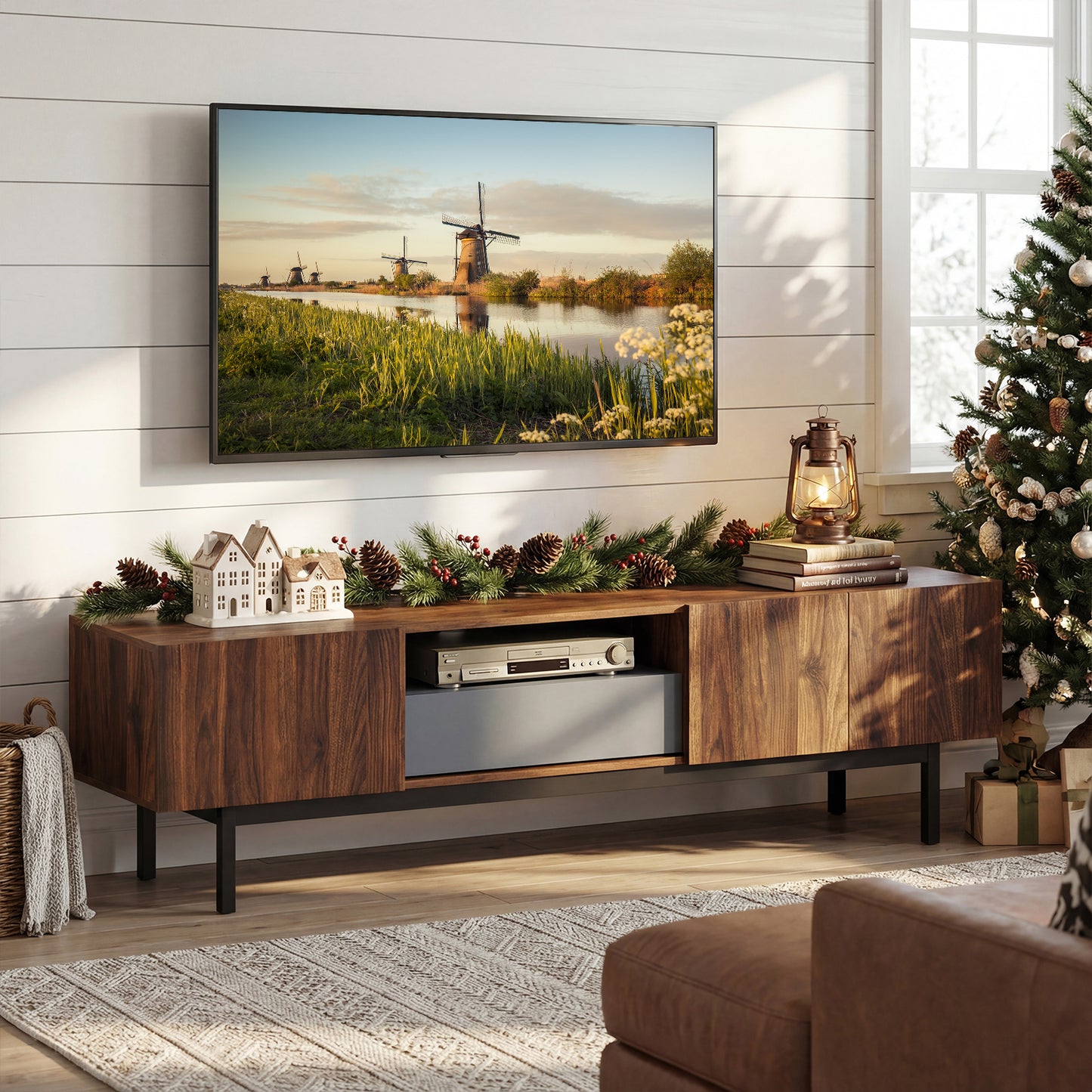 Modern Mid Century TV Cabinetfor TVs up to 82" with Drawer, Walnut Entertainment Centers & TV Stands at Gallery Canada