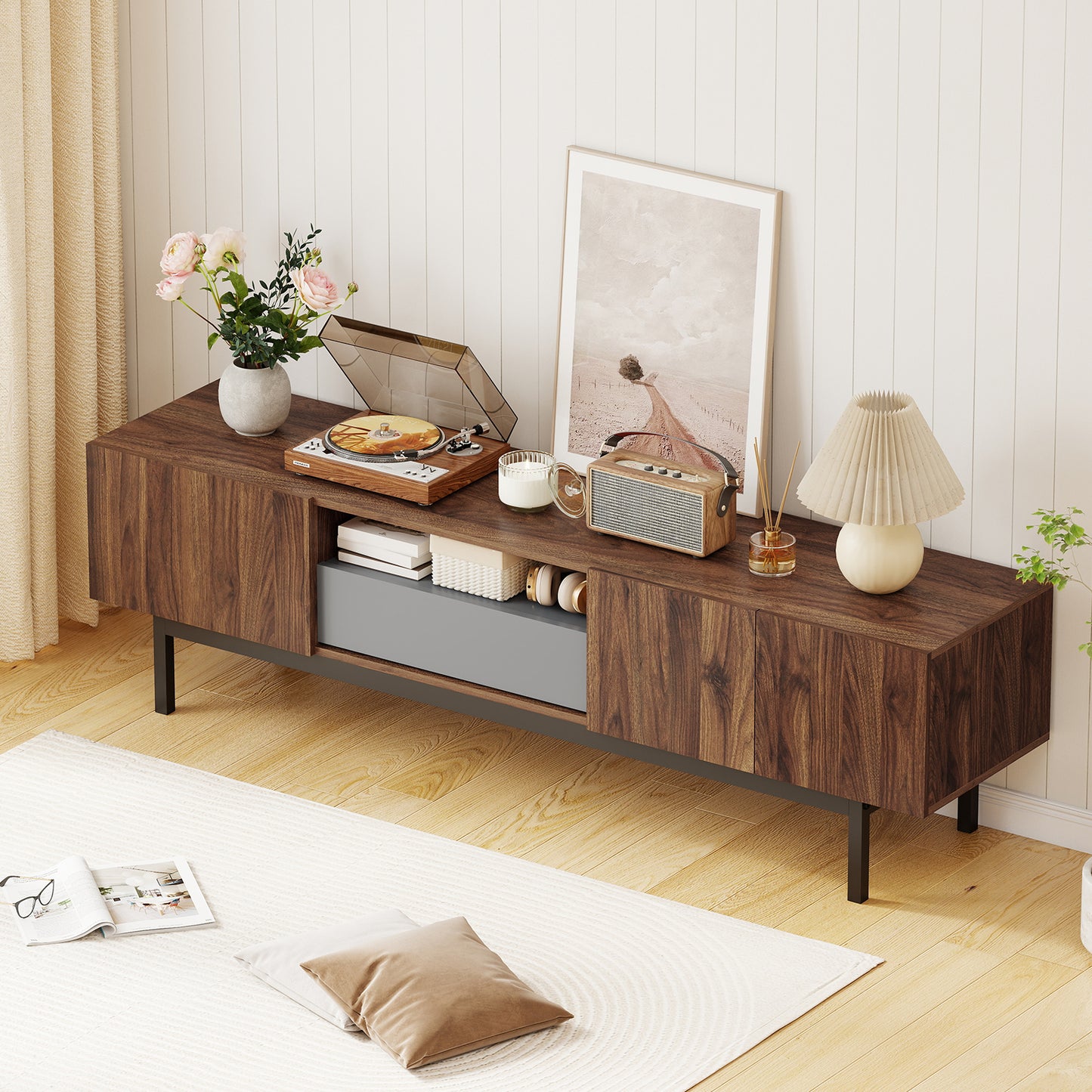 Modern Mid Century TV Cabinetfor TVs up to 82" with Drawer, Walnut Entertainment Centers & TV Stands at Gallery Canada