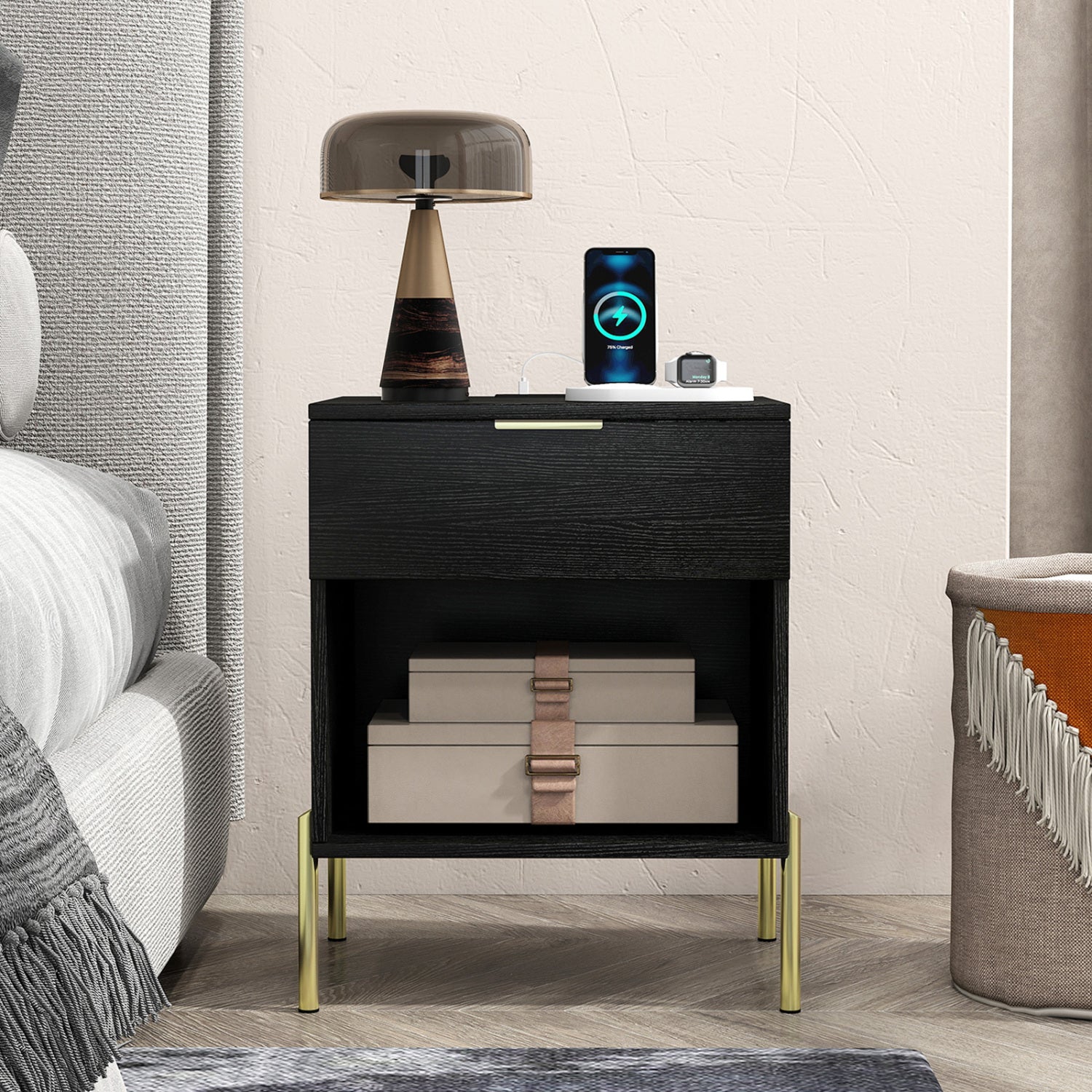 Modern Nightstand with Charging Station, Black Nightstands at Gallery Canada