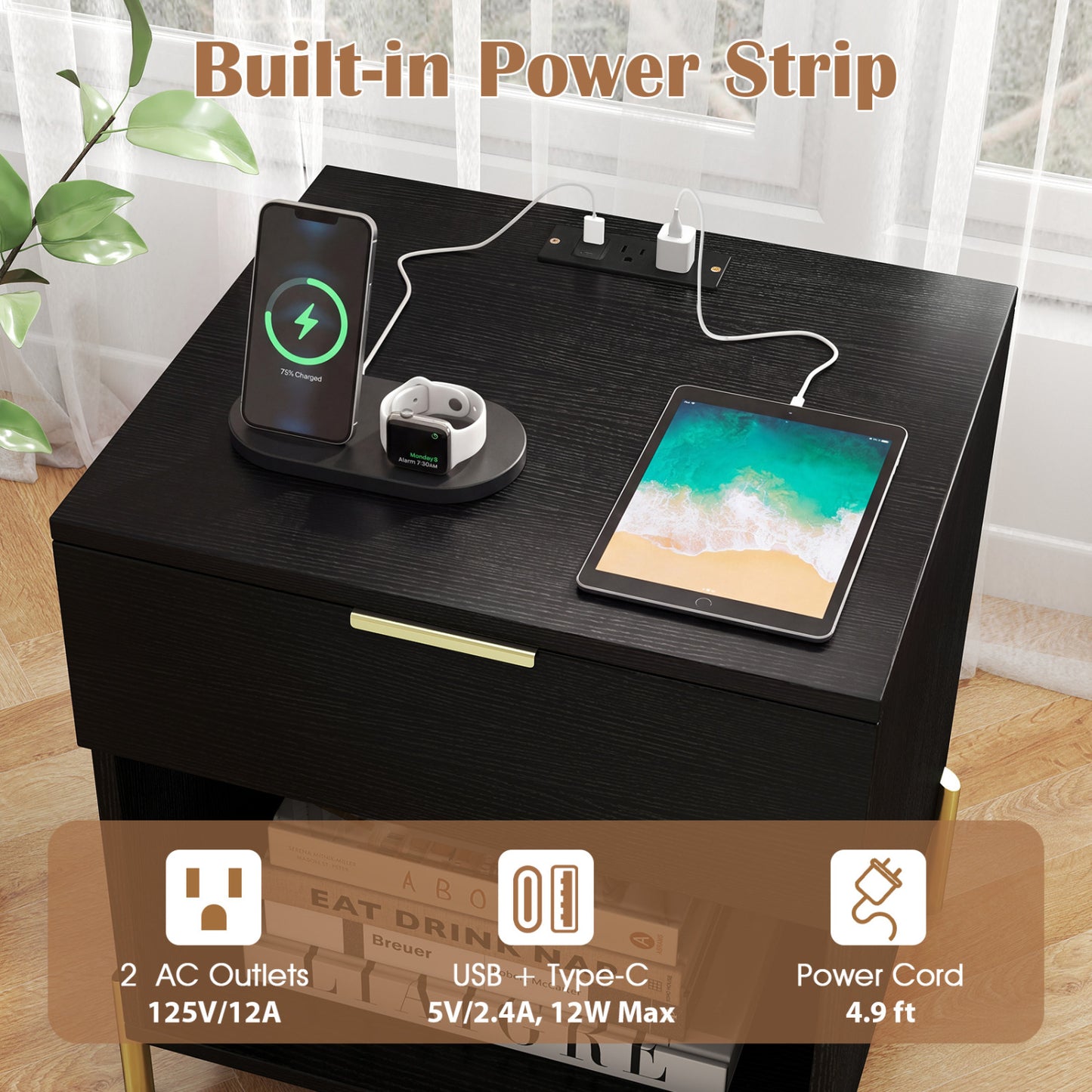 Modern Nightstand with Charging Station, Black Nightstands at Gallery Canada