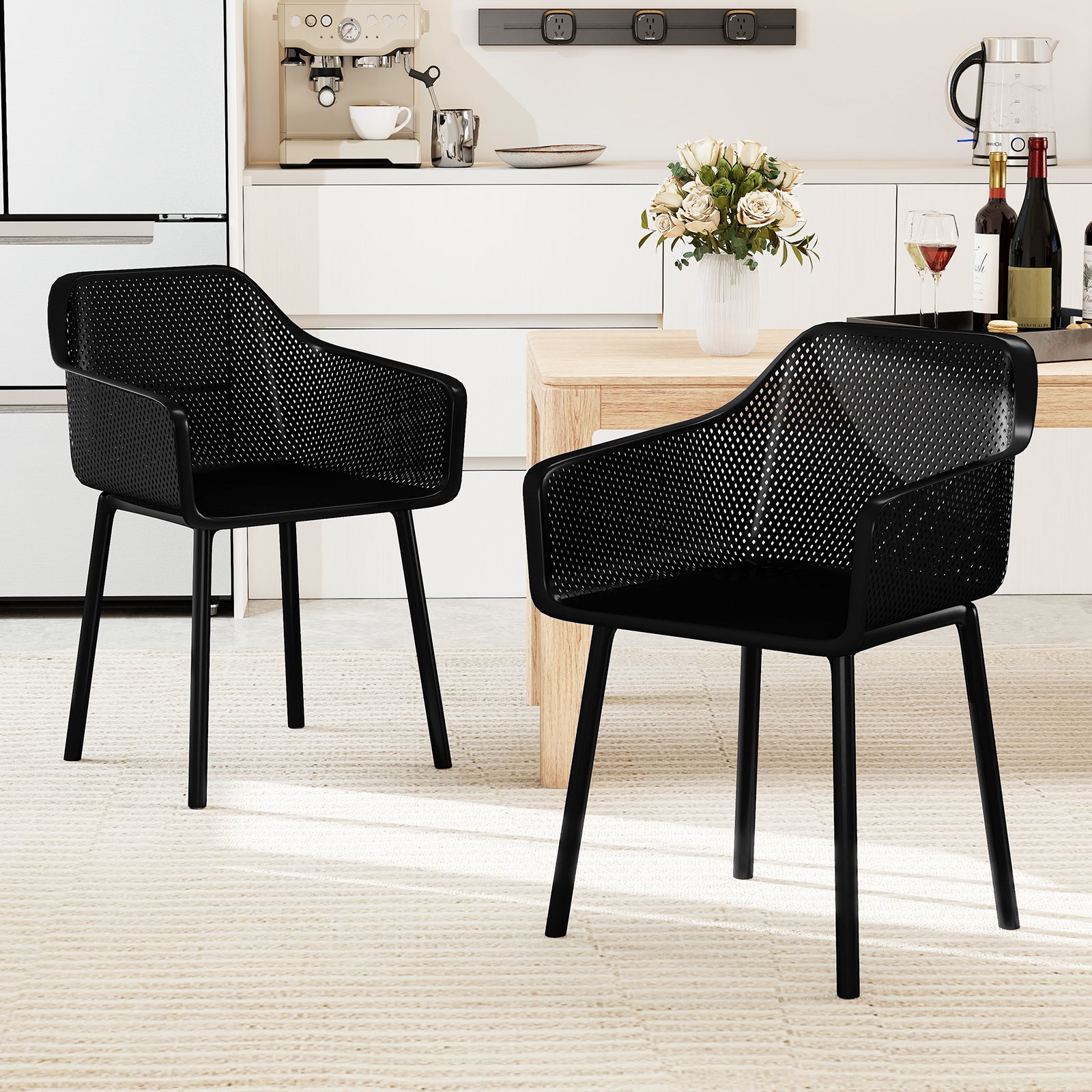 Plastic Dining Chairs Set Of 2, Kitchen Armchairs, Breathable Mesh Back, Black Dining Chairs at Gallery Canada