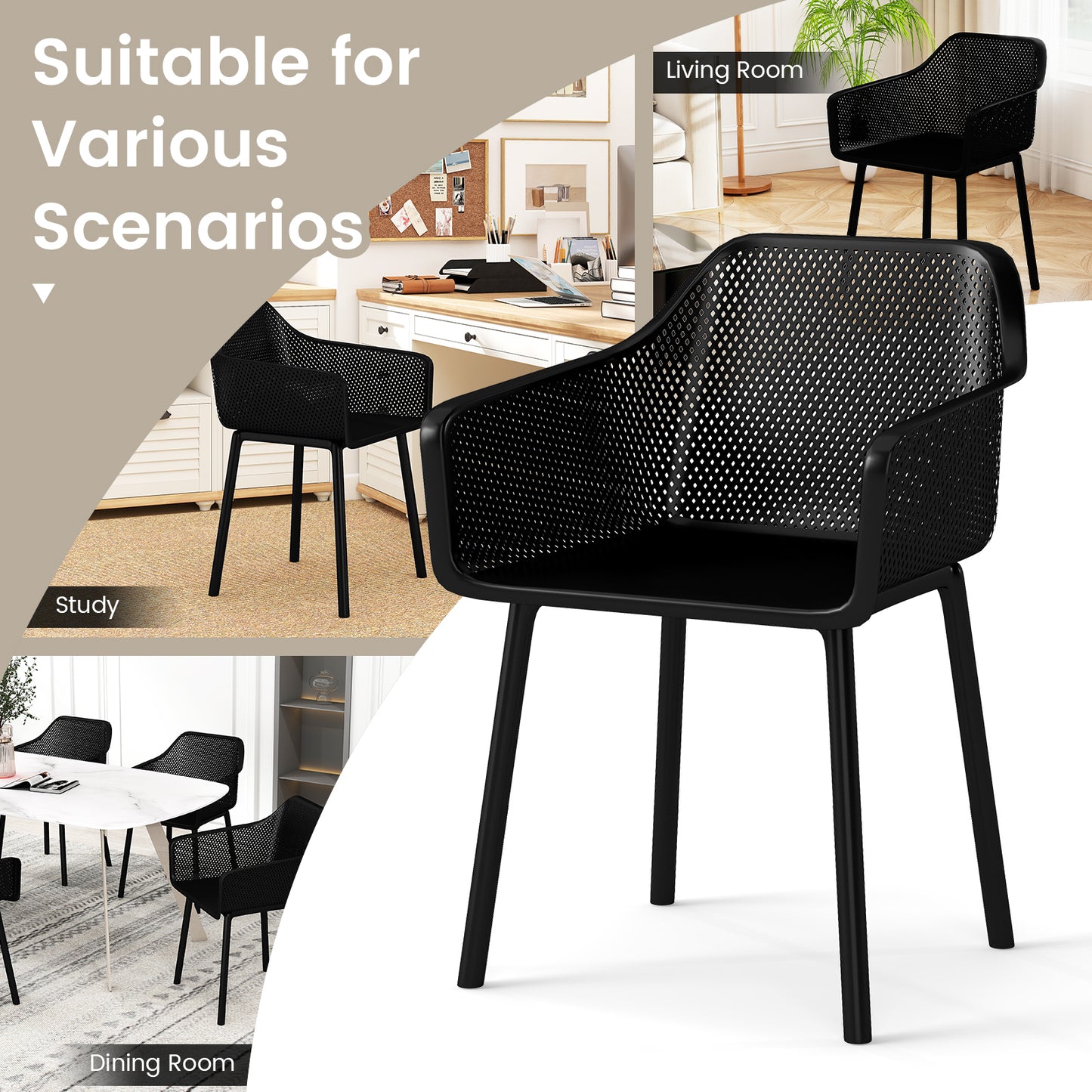 Plastic Dining Chairs Set Of 2, Kitchen Armchairs, Breathable Mesh Back, Black Dining Chairs at Gallery Canada