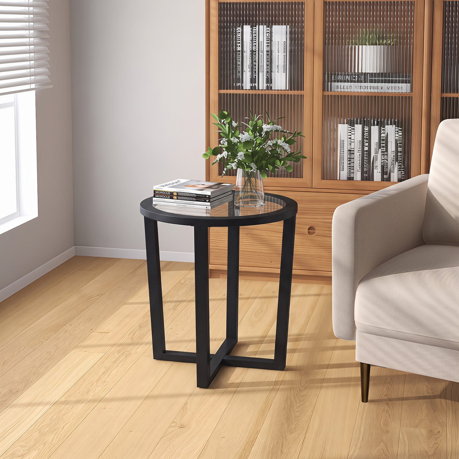 Modern Round End Table, Transparent Tempered Glass Top, Black End & Side Tables at Gallery Canada