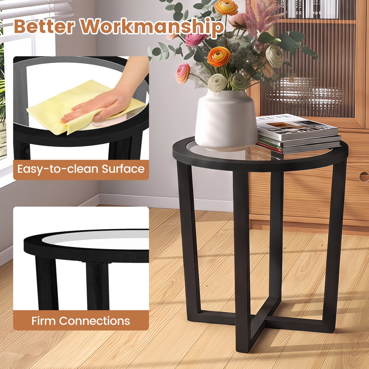 Modern Round End Table, Transparent Tempered Glass Top, Black End & Side Tables at Gallery Canada