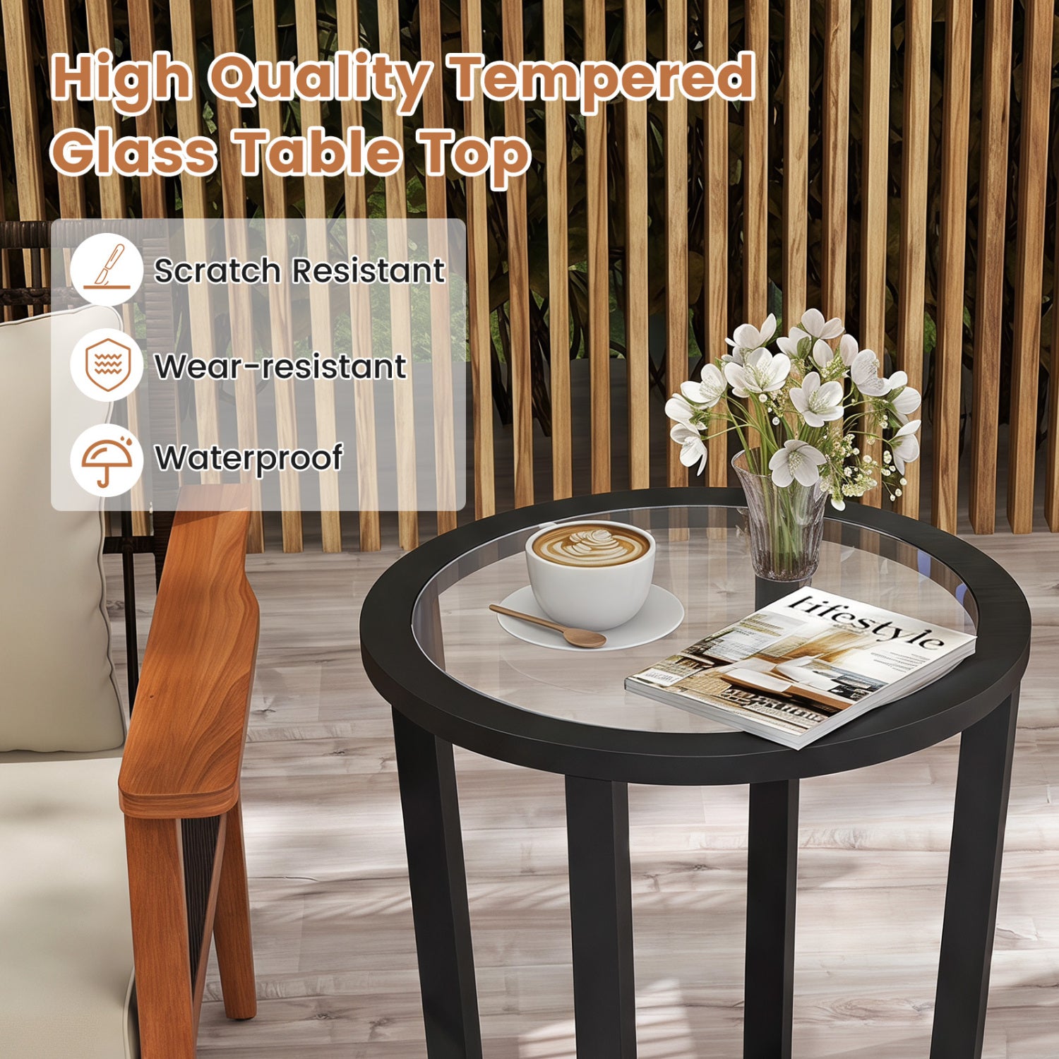 Modern Round End Table, Transparent Tempered Glass Top, Black End & Side Tables at Gallery Canada