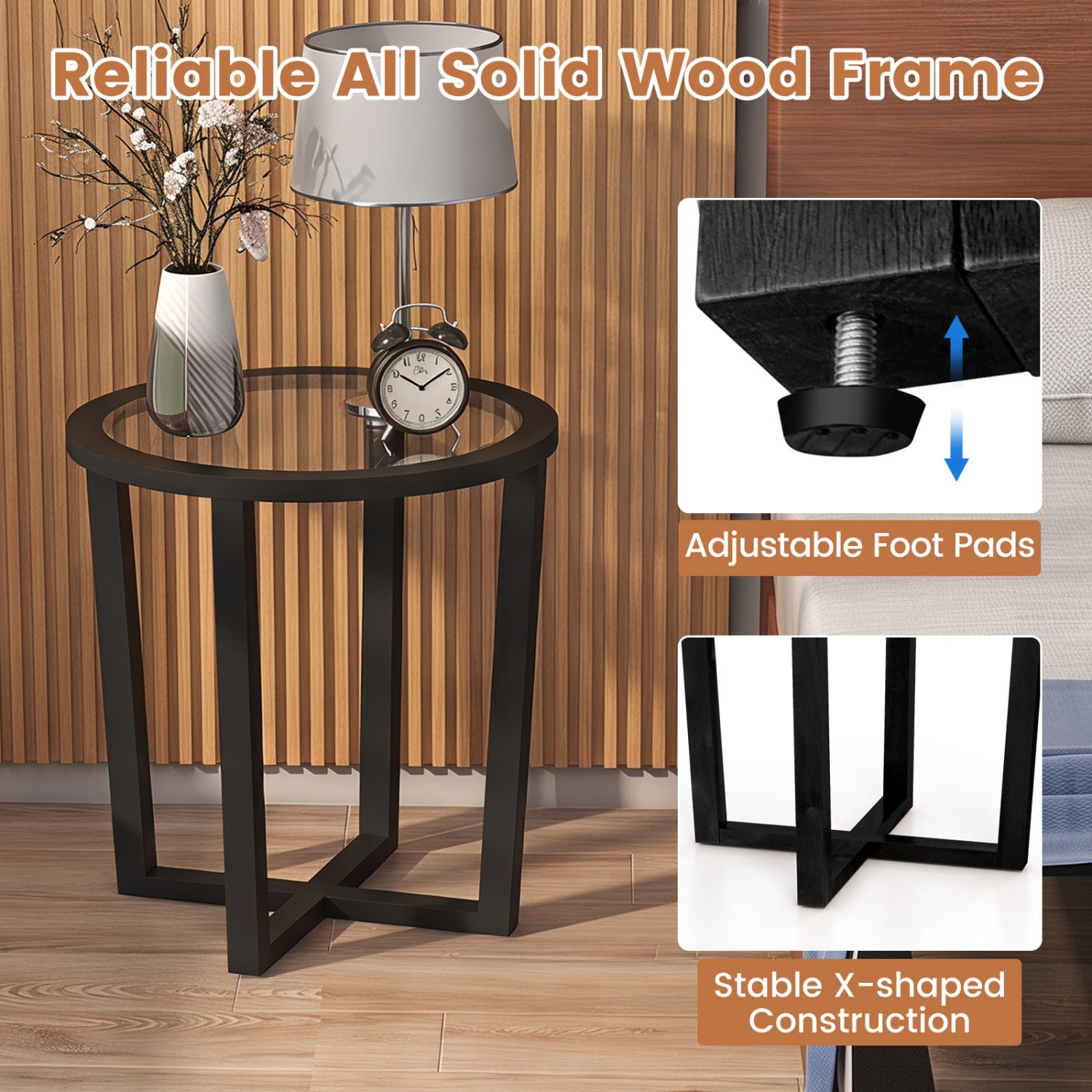 Modern Round End Table, Transparent Tempered Glass Top, Black End & Side Tables at Gallery Canada
