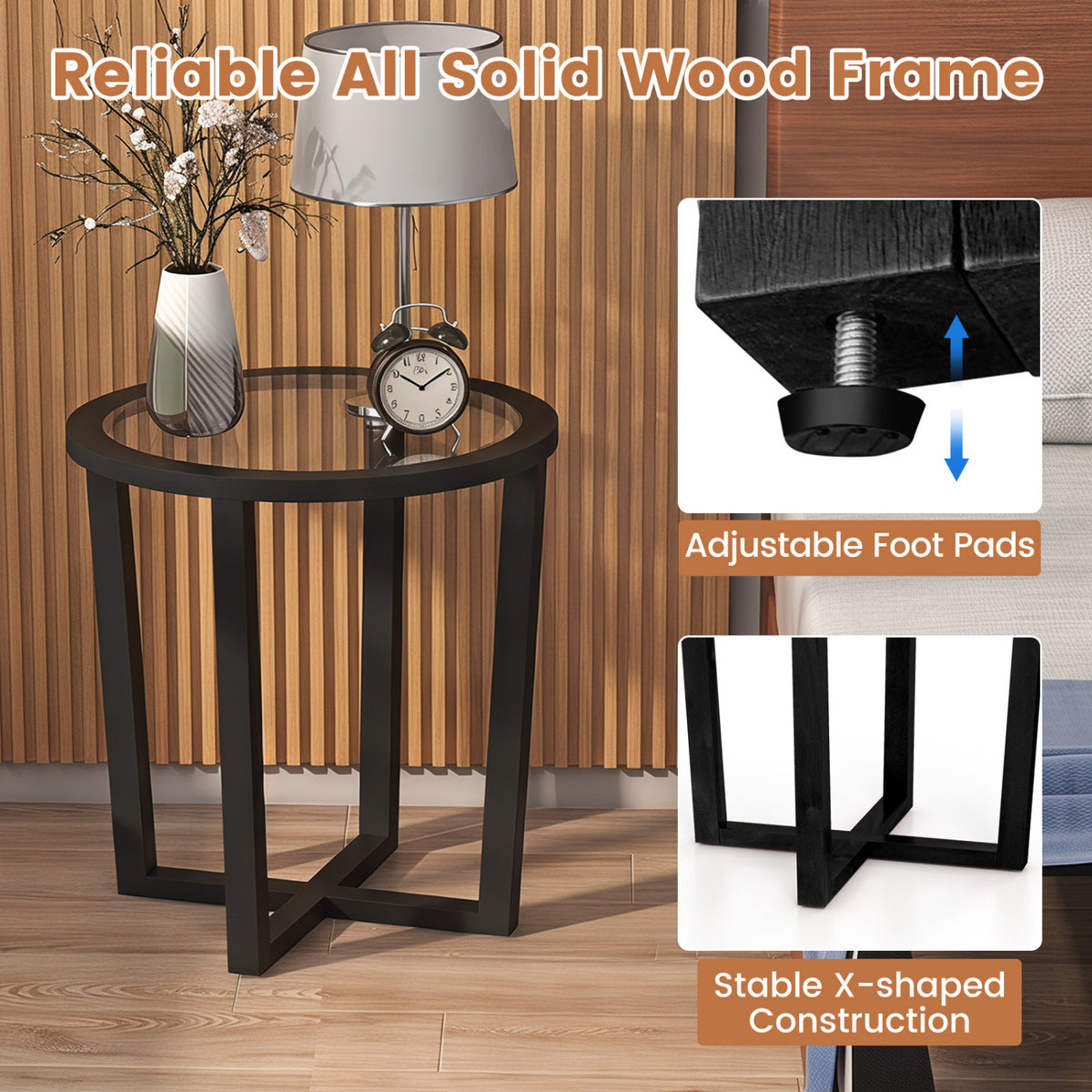 Modern Round End Table, Transparent Tempered Glass Top, Black End & Side Tables at Gallery Canada
