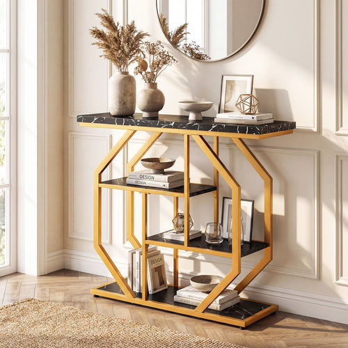 Modern Sofa Table Behind Couch 4-Tier Console Table with Faux Marble Tabletop, Black